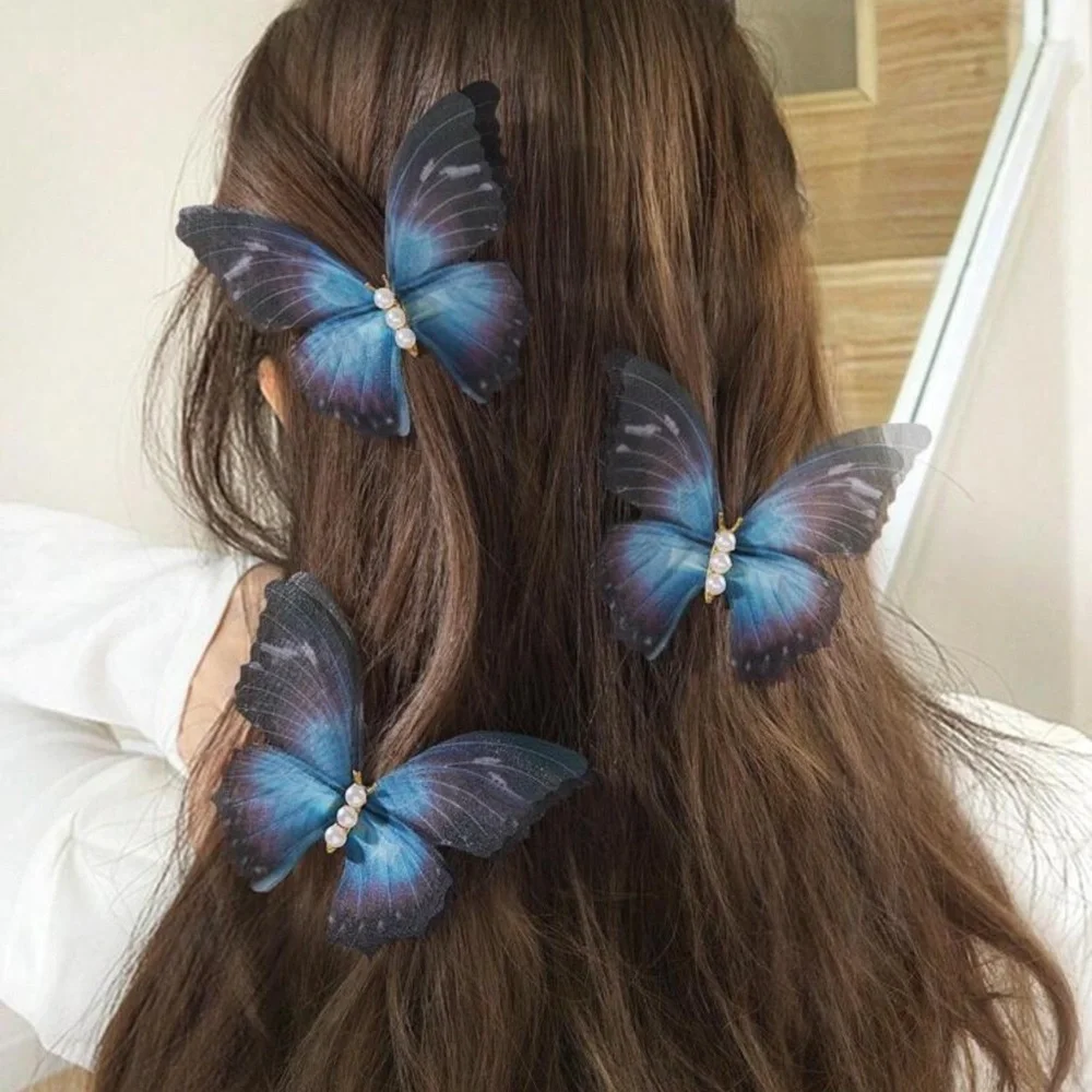 3pcs Blue Gradient Thin Chiffon Butterfly & Alligator Hair Clips Double Layered